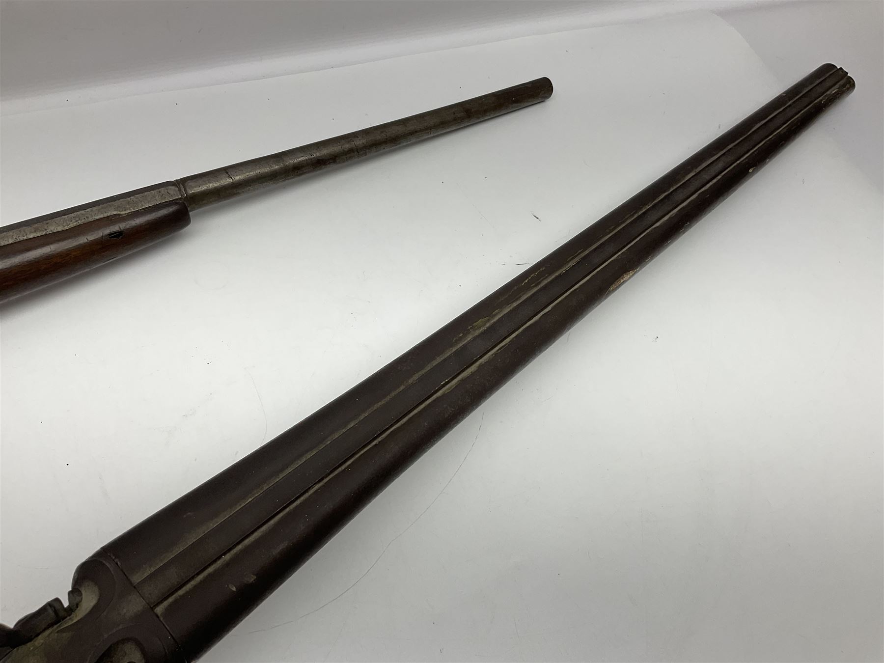 UNPROOFED/OUT OF PROOF SO RFD ONLY - three guns in poor condition comprising 19th century G. Coop 12-bore side-by-side double barrel hammer shotgun; 14-bore single barrel percussion sporting gun composed of various parts with cut-down barrel; and non-firing mock snider action ornamental gun (3)