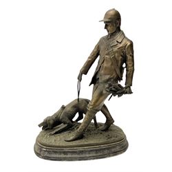 Bronzed figure of a huntsman with hound signed Tupton, H31cm 