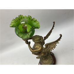 Victorian gilt bronze converted gas lamp in the form of  mythical winged mermaid upon a circular oak base, with a frilled green glass shade, H44cm