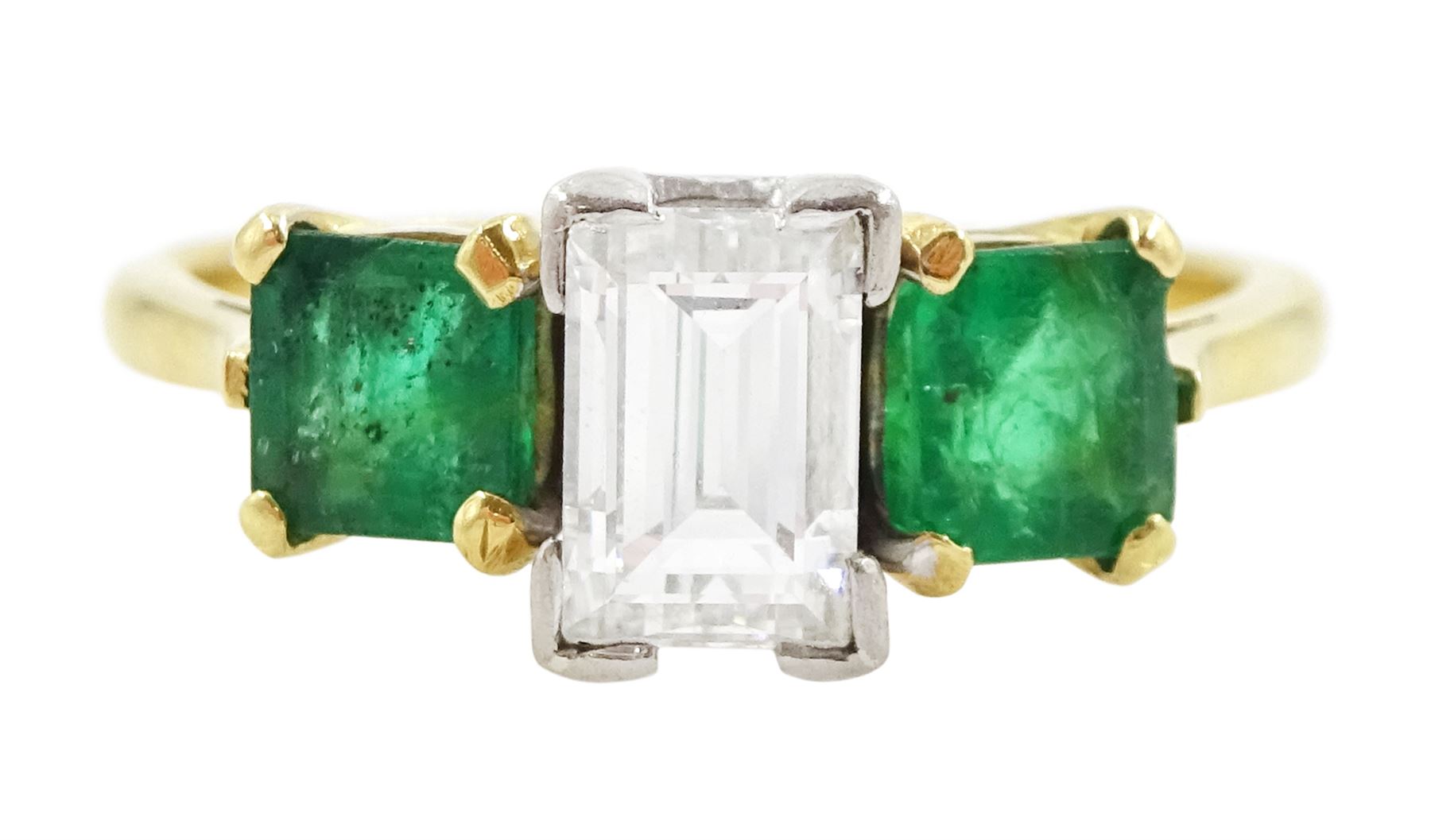 Gold three stone baguette cut diamond an square cut emerald ring, stamped 18ct, diamond approx 0.80 carat, total emerald weight approx 0.65 carat