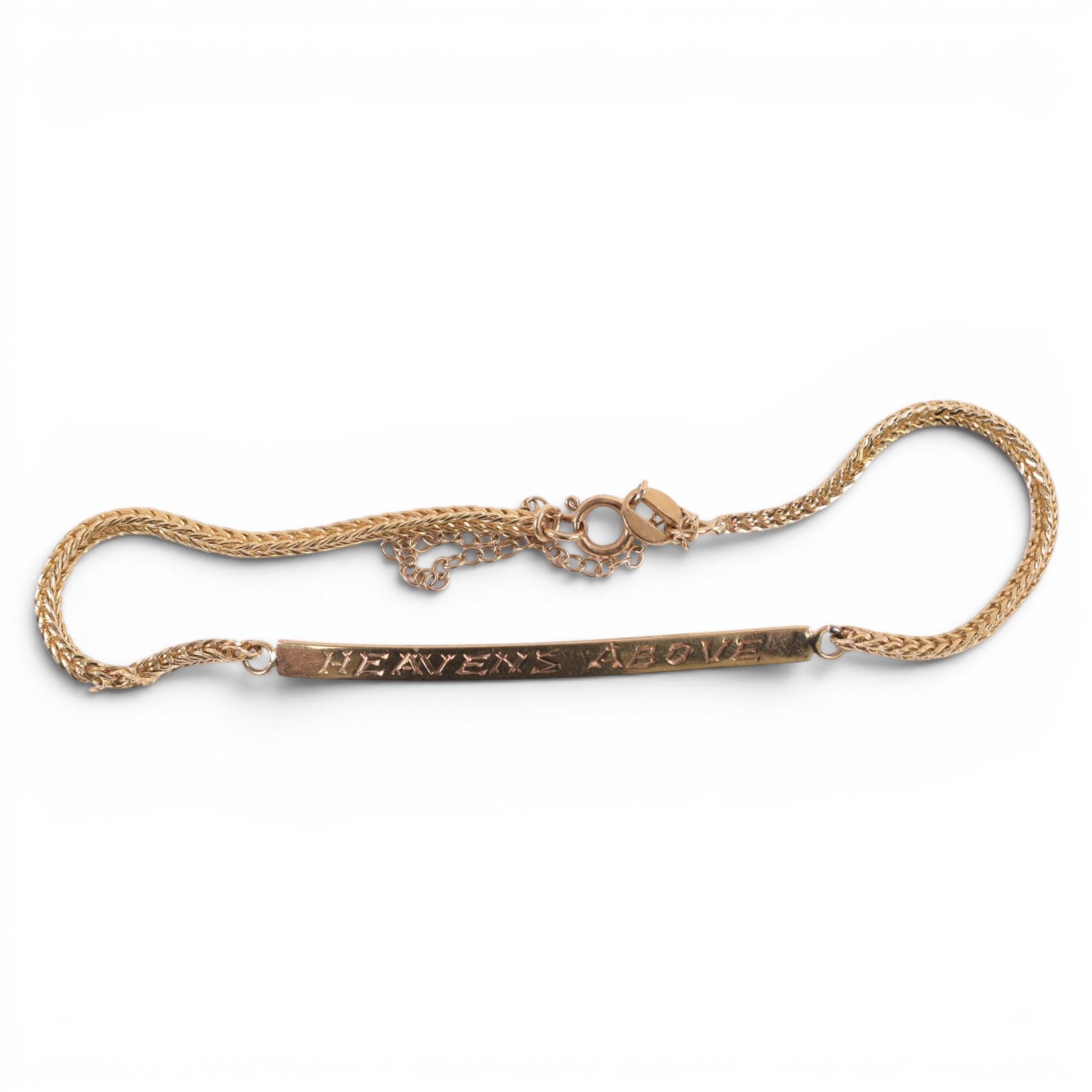 9ct gold identity style bracelet inscribed 'Heavens Above', hallmarked