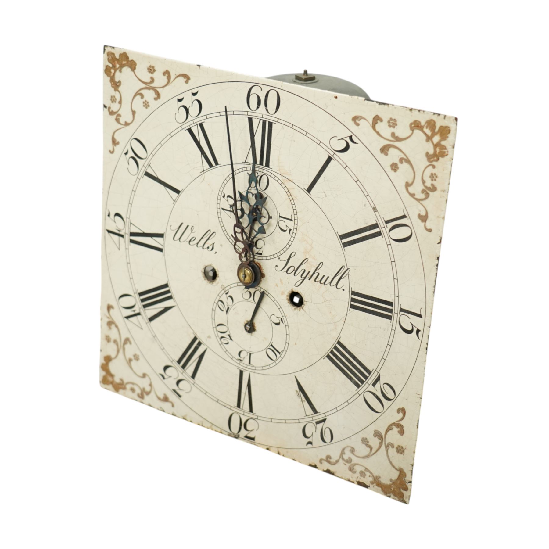 An 8-day longcase clock movement with a painted dial and various 8-day and 30-hour long case movements, dials, parts, plates, chains, and two lead weights, sold as incomplete for parts and restoration projects. 