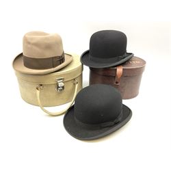 Grey homburg hat  C A Dunn & Co bowler hat, Christy's London,  bowler hat R W Forsyth, Antler hat box with handle, L32, D17cm, Small hat box L28cm, D17cm. 