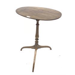 *19th century tripod table, oval figured mahogany top, turned yew wood vase shaped column, three out splayed walnut supports, 60cm x 42cm, H78cm