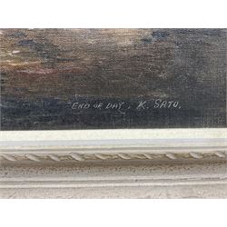 K Sato (Japanese 20th century): 'End of Day', oil on canvas signed and titled 52cm 44cm 
Provenance: purchased by Andrew D Sakellariou, Yokohama Xmas 1956, inscribed on stretcher