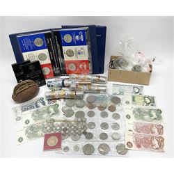 Coins and banknotes including eight United states of America silver dollars, small number of Great British pre 1947 silver threepence pieces,  pre-decimal coins including pennies, Bank of England Hollom five pounds 'H49', Page five pounds '03T' etc