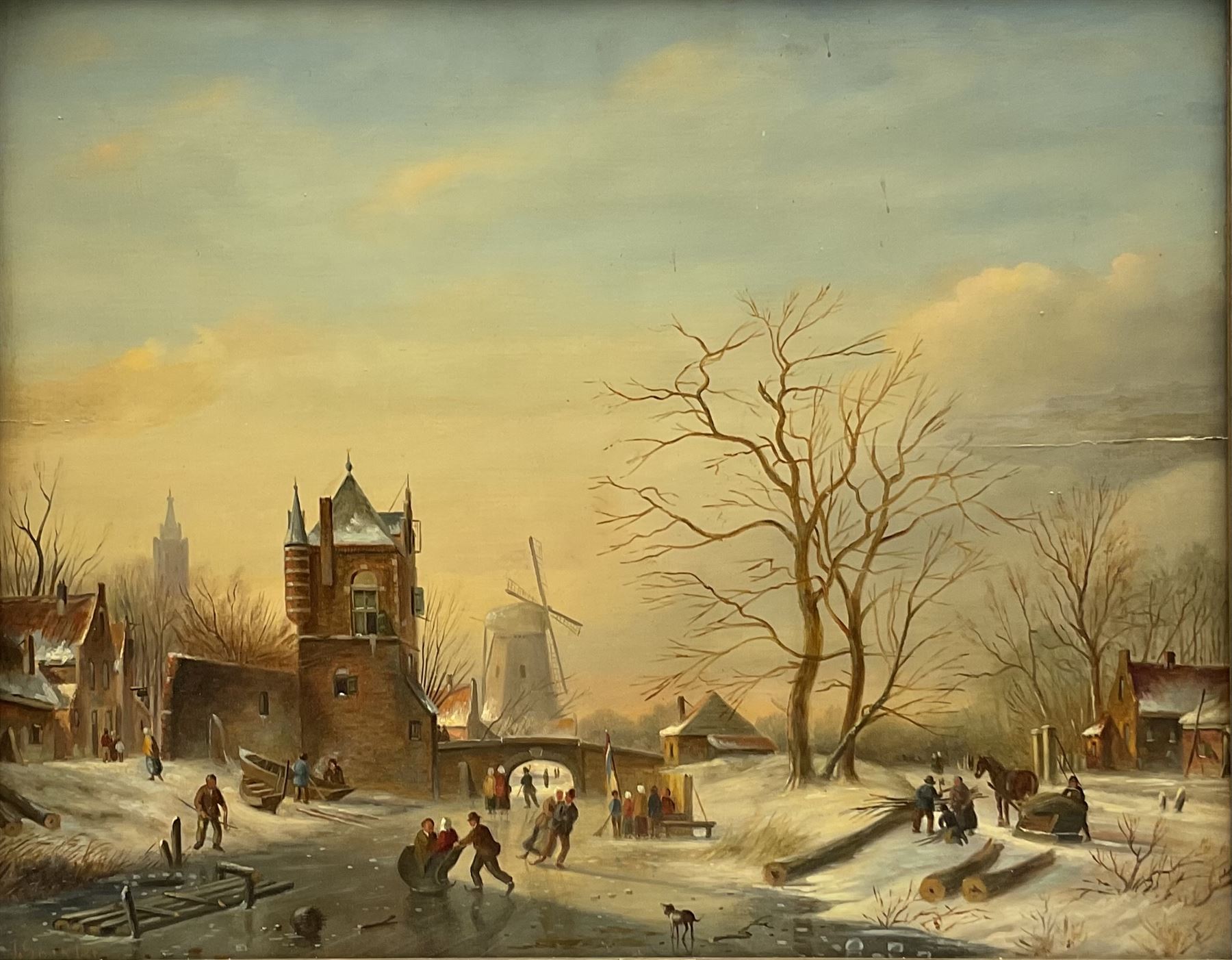 Circle of Jan Jacob Coenraad Spohler (Dutch 1837-1923): Skating on the River, oil on panel bears signature 37cm x 46cm