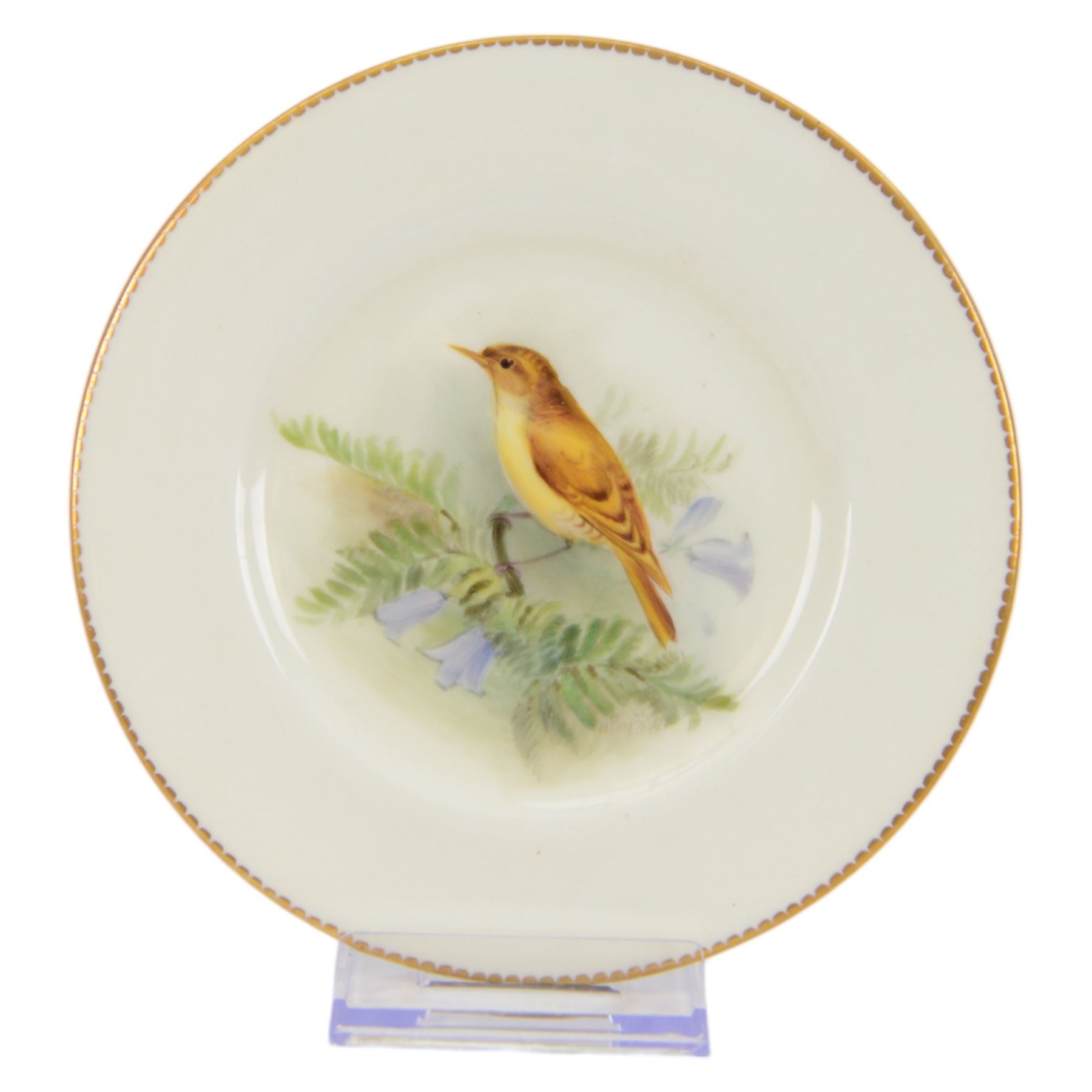 Four Royal Worcester hand painted ornithological plates, by W Powell, painted with a 'Chaffinch', 'Robin' 'Swallow' and 'Grasshopper Warbler', each named verso and bearing printed mark, D15cm 