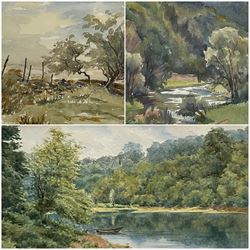George Richard Lane Fox (1st Baron Bingley) (British 1870-1947): 'The Lake at Wothersome', watercolour unsigned, labelled verso 13cm x 22cm; Joan Ridout (British 20th century): 'Thorn Trees on Dartmouth', watercolour signed 22cm x 32cm; English School (20th century): Tree Landscape, watercolour signed with monogram 25cm x 35cm (3)
