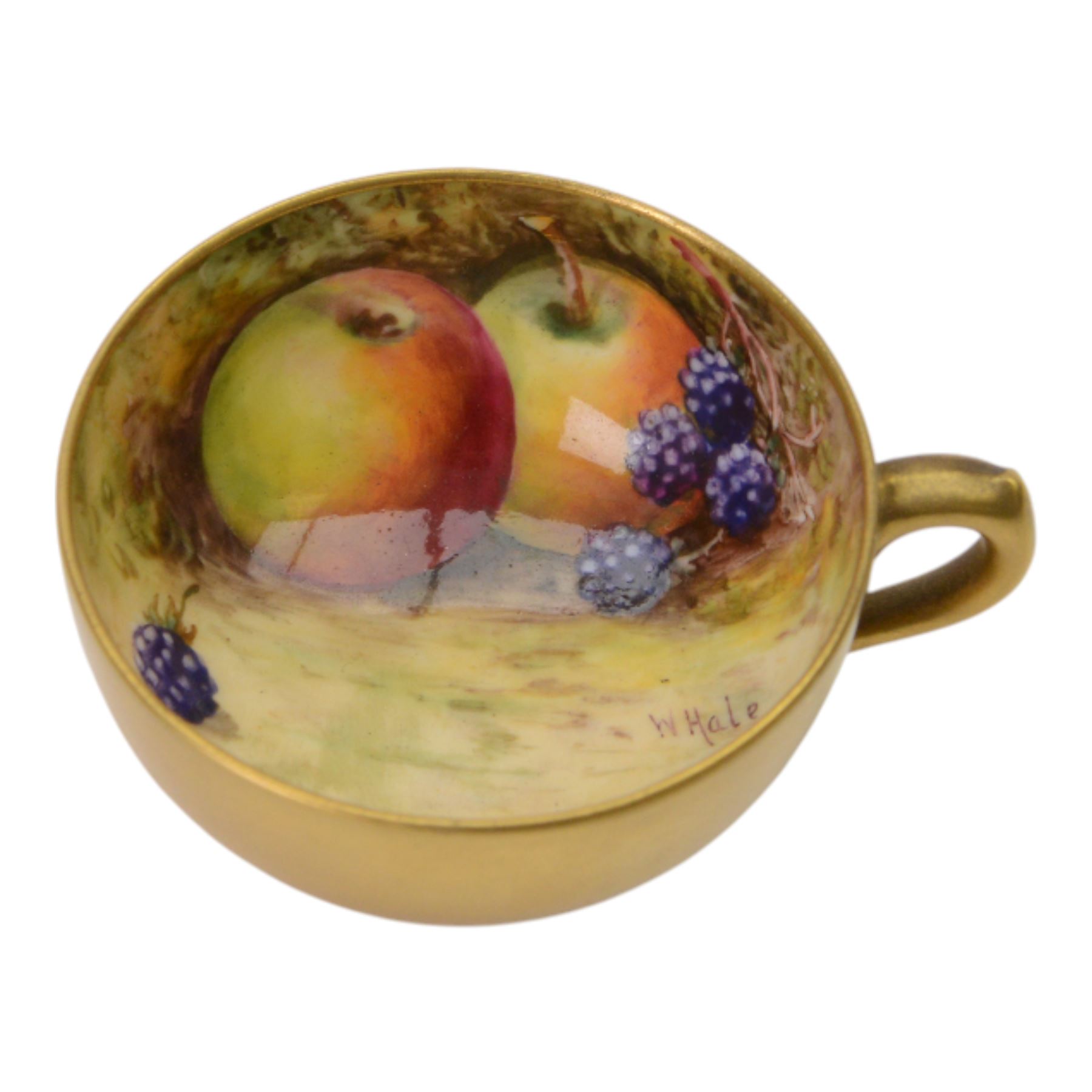 Two Royal Worcester fruit painted miniature cabinet cups and saucers, the first example interior hand painted with apples and blackberries upon a mossy ground, the cup exterior and centre of saucer gilded, cup signed W. Hale and saucer signed G. Mosley, each with puce coloured printed marks beneath, the second example, exterior hand painted with pears and blackberries upon a mossy ground, the cup interior and centre of saucer gilded, cup signed Rushton and saucer signed W. H. Austin, each with puce coloured printed marks beneath, largest H6cm