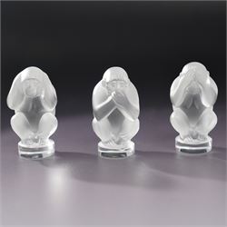 Set of three Lalique frosted glass monkey ornaments 'See no Evil
