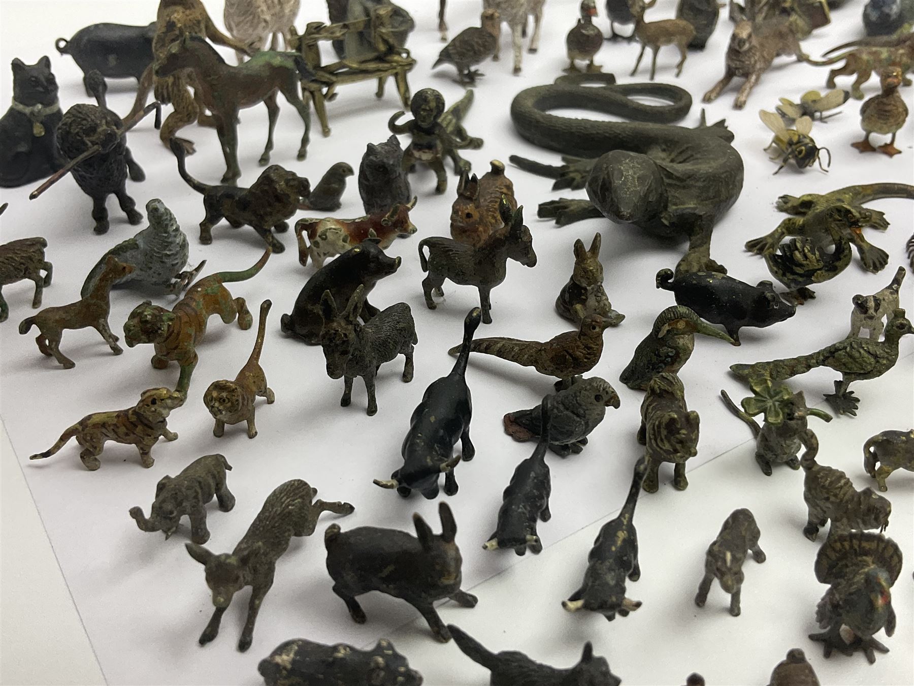 Collection of miniature cold painted bronze and similar animals, to include birds, sheep, horses etc 
