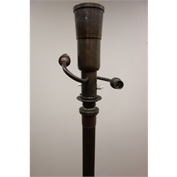  French Art Deco bronzed metal three light standard lamp, fluted column on square leaf cast reeded tapering base, H164cm   