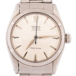 Rolex Oyster Speedking Precision gentleman's stainless steel manual wind wristwatch, circa 1961, Ref. 6421, serial No. 649563, silvered dial with dagger hour markers, on Rolex expanding stainless steel bracelet, with fold-over clasp