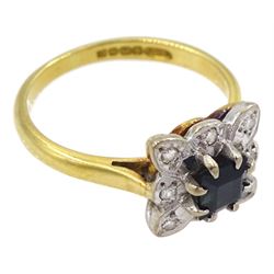 18ct gold princess cut sapphire and round brilliant cut diamond cluster ring, Birmingham 1967