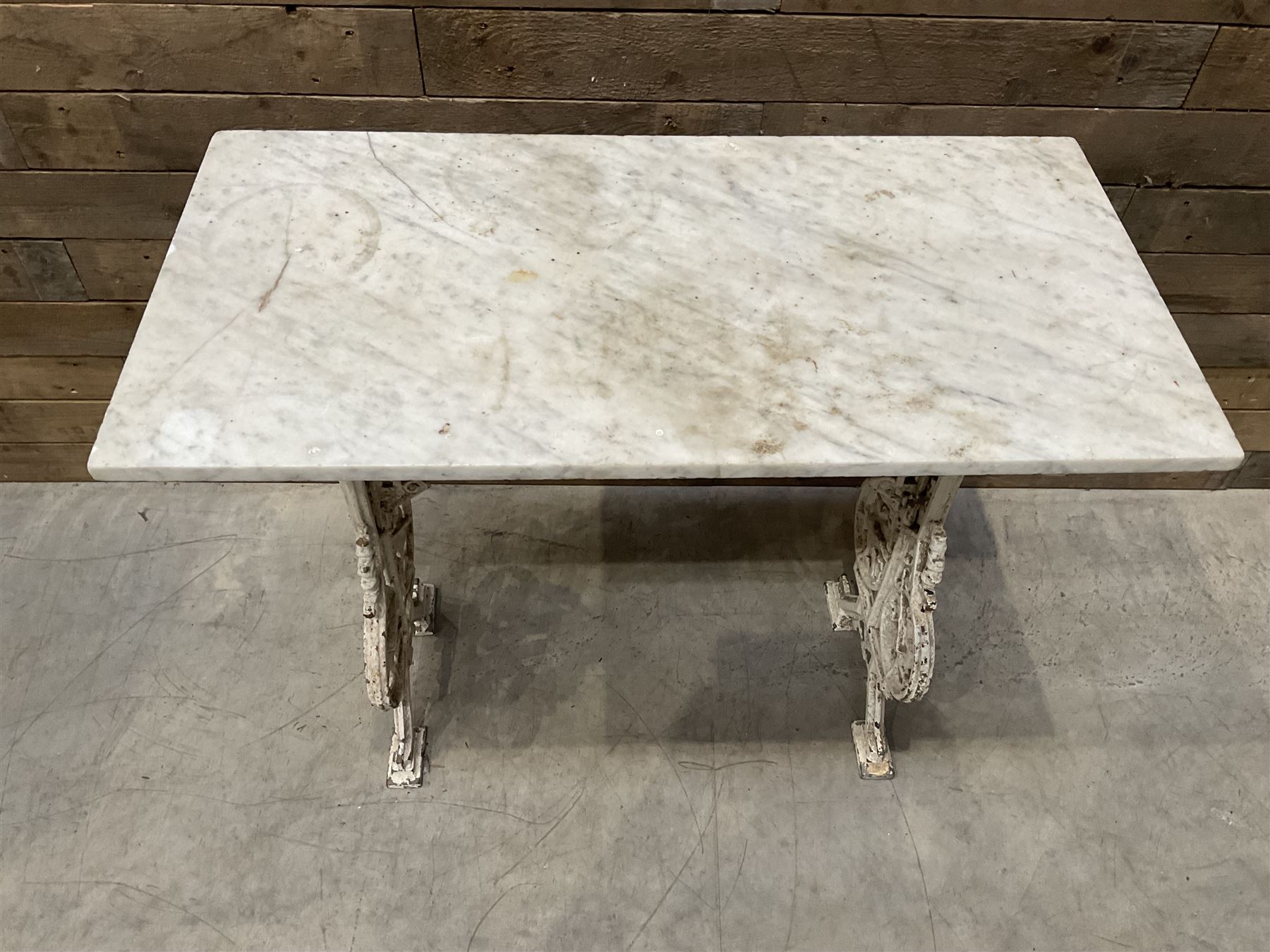 19th century Coalbrookdale design cast iron garden table, with rectangular marble top
