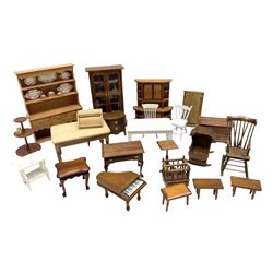 Doll's house wooden furniture - over twenty items including good quality pine Welsh dresser by Tony of Lincoln; tall 'glazed' bookcase; two-tier side cabinet; grand piano; bedside chest, mule chest, Canterbury; cradle; Georgian style hanging corner cupboard; dumb waiter; tables; chairs; rocking chair etc; various scales