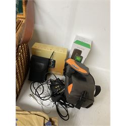 Canon Powershot A480 digital camera, in box, together with a Panasonic SDR-H86 digital video camera, Doro 5030 mobile phone, pair of Jessops Field Binoculars, two Weetabix diecast model cars, wicker picnic basket with plastic picnic ware and a collection of vinyl records