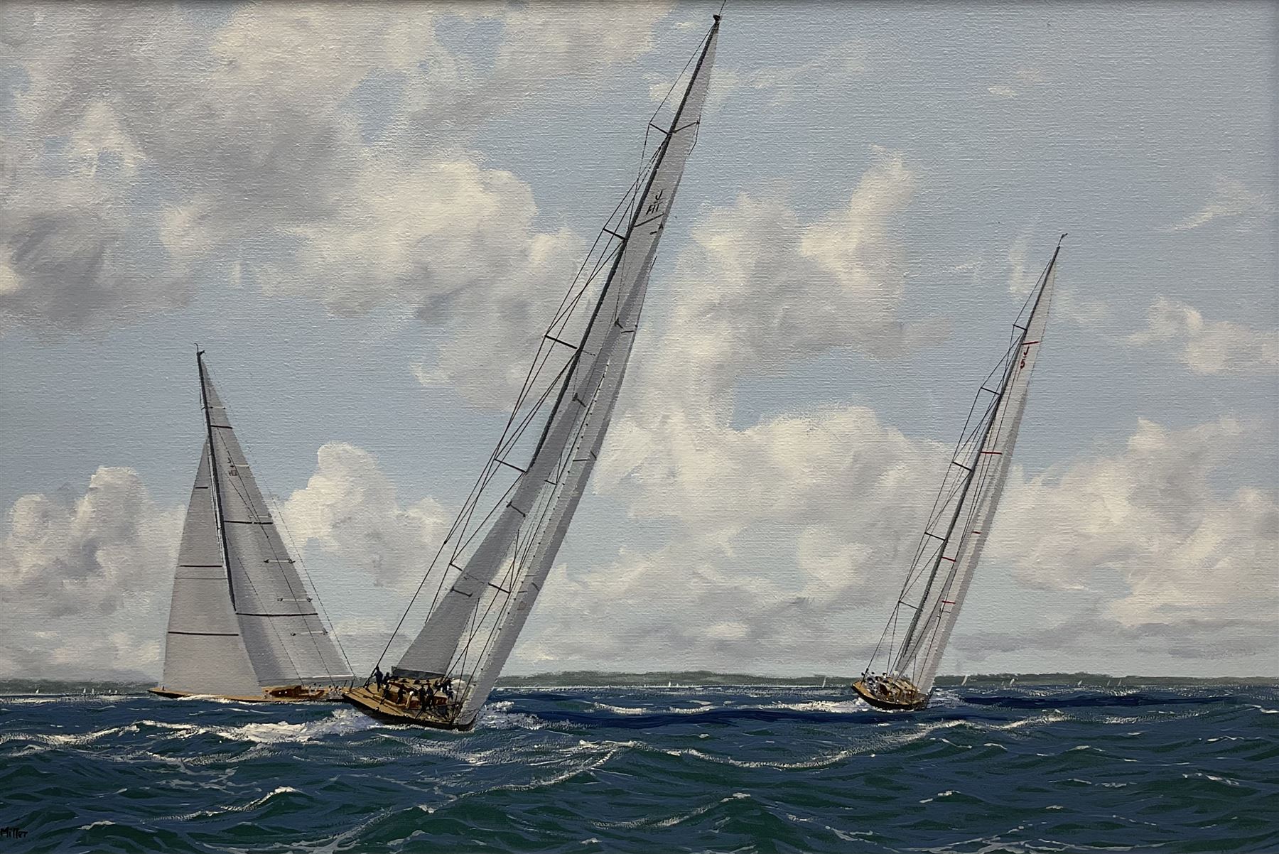 James Miller (British 1962-): 'J Class Regatta - Falmouth 2015', oil on canvas signed, titled verso 31cm x 47cm