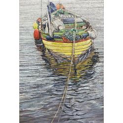 Sue McMullen (British Contemporary): Moored Coble, oil on canvas signed 35cm x 24cm
