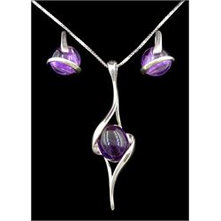 Silver amethyst pendant necklace and similar pair of silver earrings, stamped 925