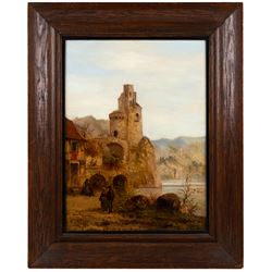 Felice Auguste Rezia (Italian 1835-1907): Stone Tower on a Lake and Church Overlooking a River - Northern Italy, pair of oils on canvas signed and dated 1902 max 40cm x 29.5cm (2)