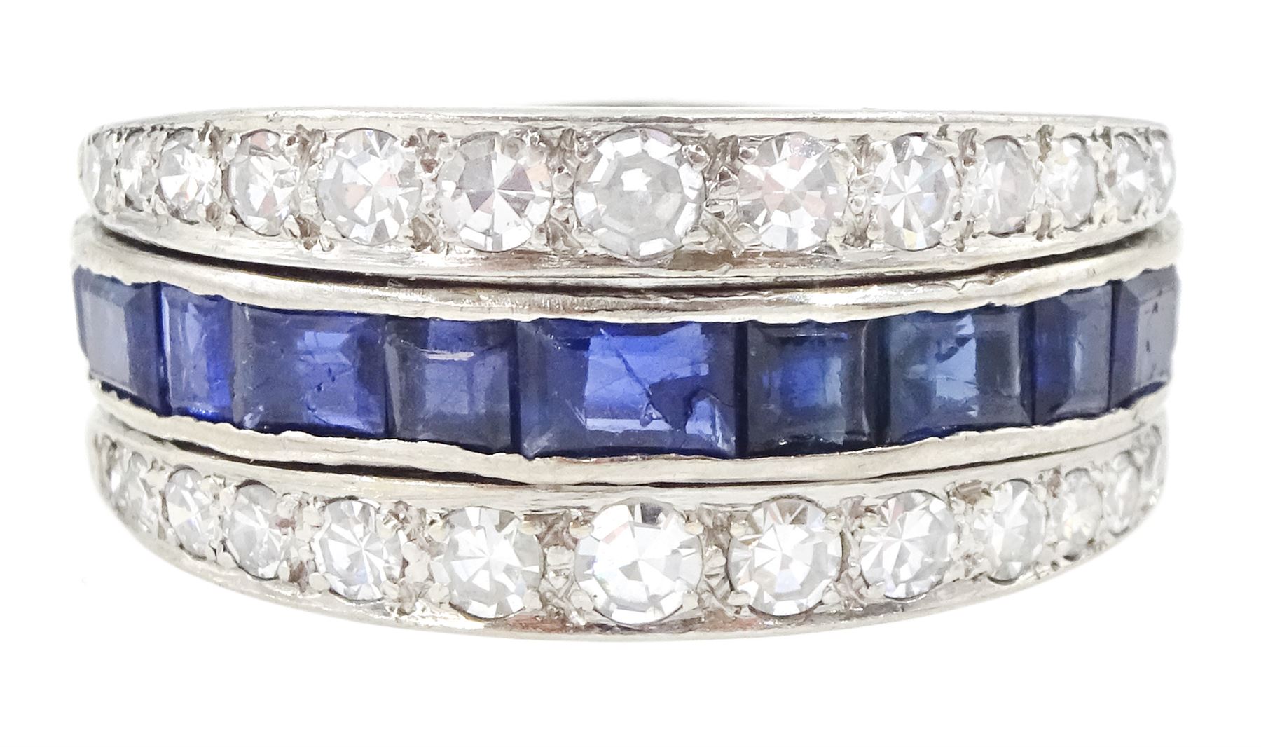 18ct white gold three row calibre cut sapphire and single cut diamond ring, hallmarked, total diamond weight approx 0.65 carat
