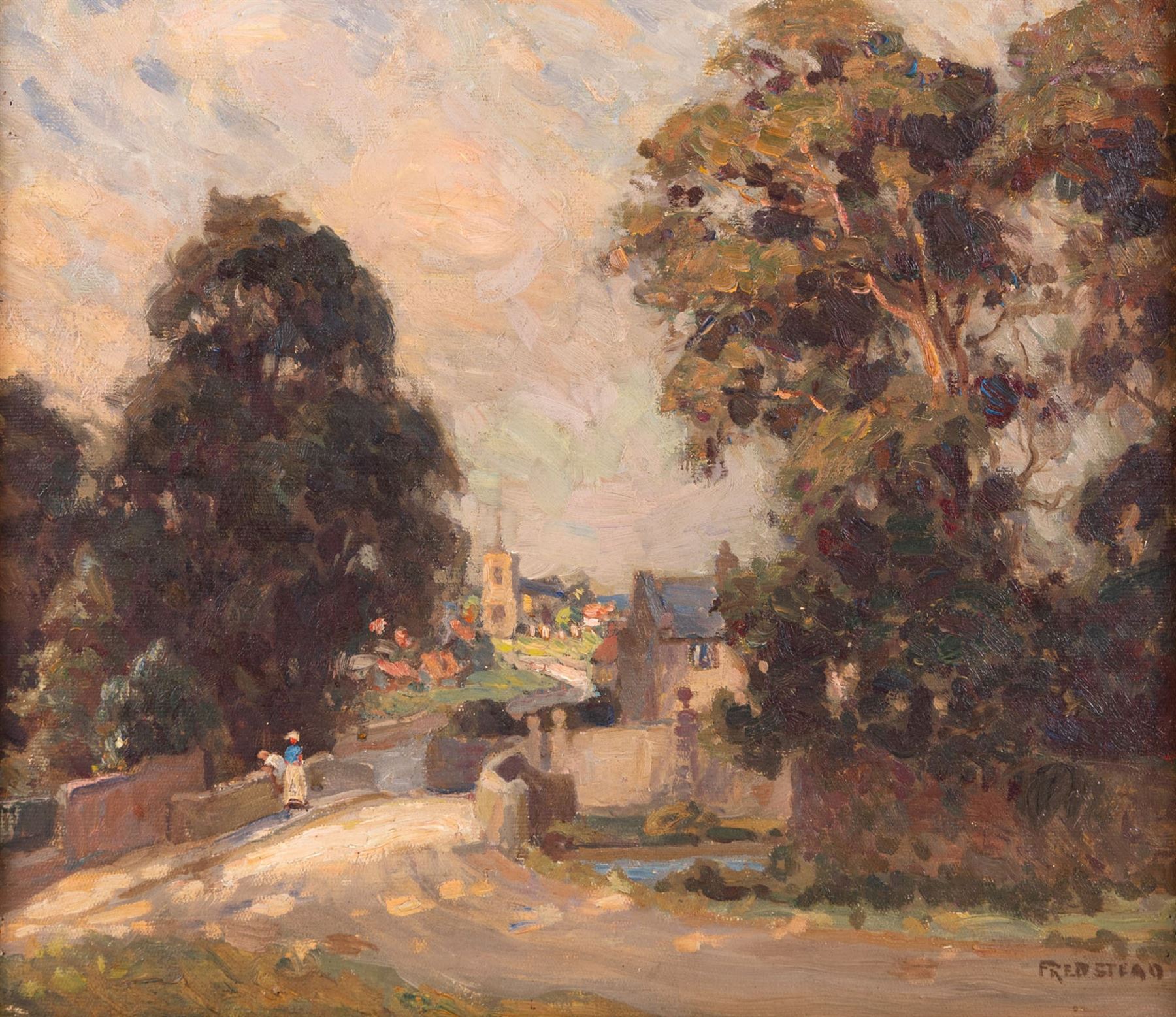 Frederick (Fred) Stead (British 1863-1940): Sunset over Godalming - Surrey, oil on canvas signed 34cm x 39cm