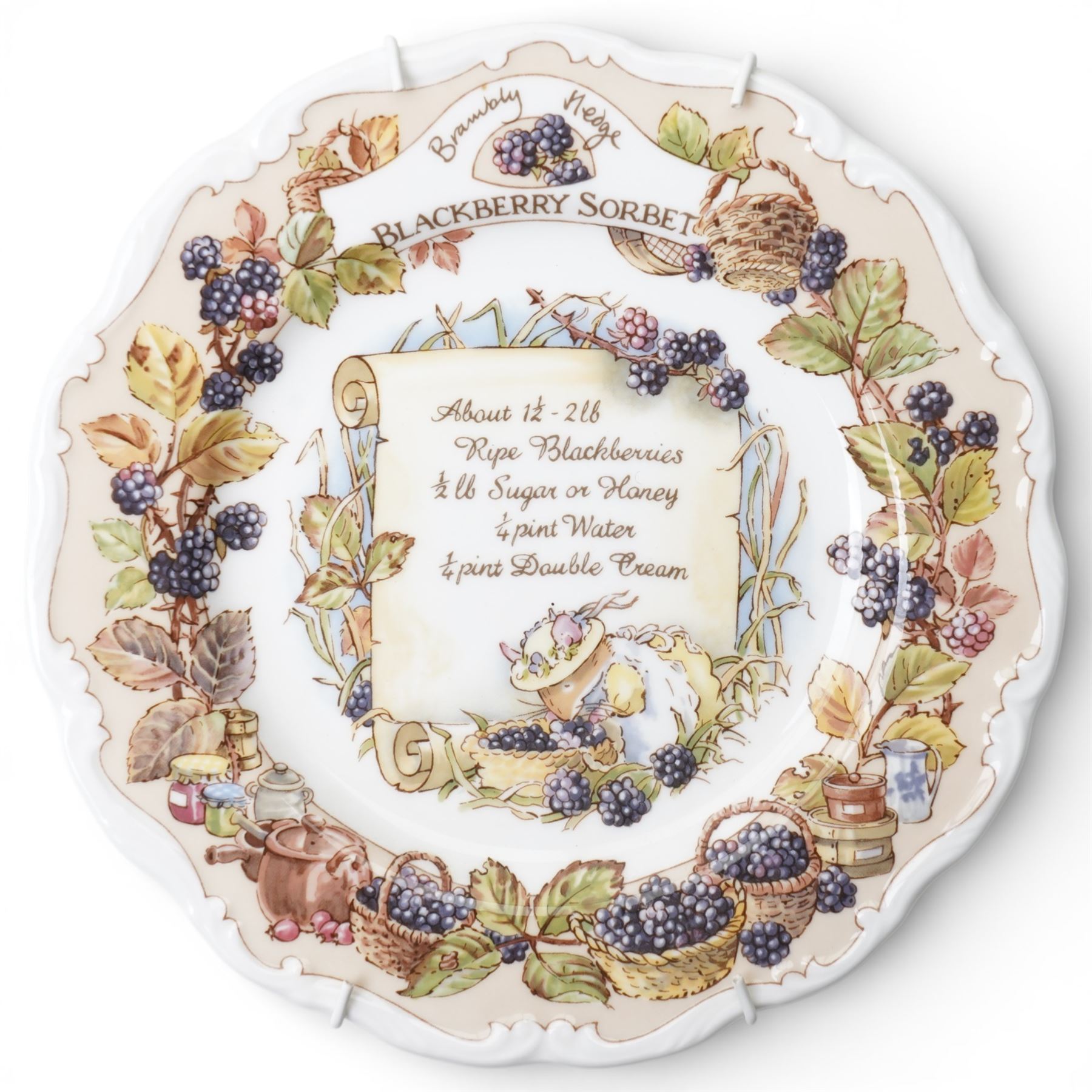 Eight Royal Doulton Brambly Hedge plates from the The Recipe Plate Collection, comprising 'Nettle Soup', 'Strawberry Shortcake', 'Mushroom Tart', 'Apple Pie', 'Elderflower Wine', 'Crystallized Violets', 'Blackberry Sorbet' and 'Honey & Nut Biscuits' (8)