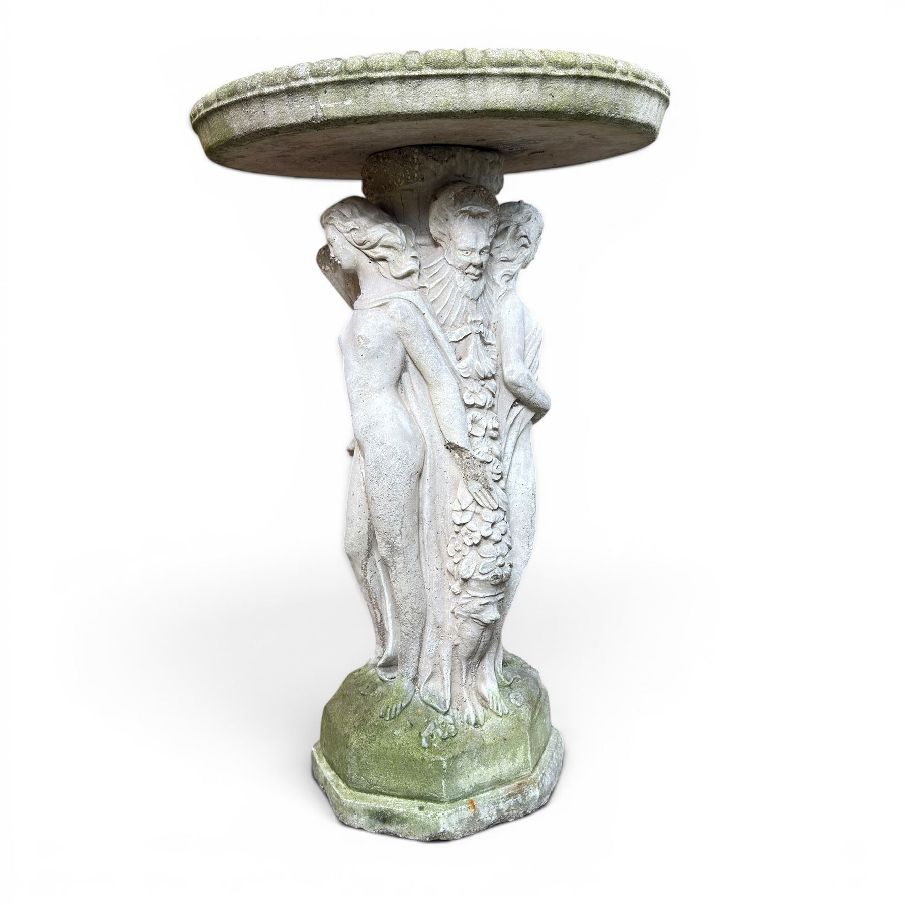 Collection of cast stone garden ornaments - three figure bird baths, figure on plinth, seated lion, lion, boy figure, and stone trough (9)