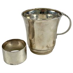 Silver christening mug and napkin ring, both hallmarked 
