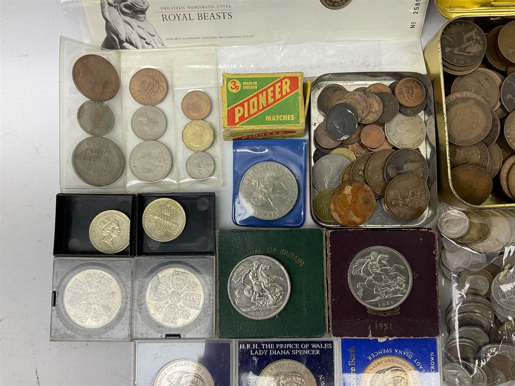 Great British and World coins including Queen Victoria 1887 and 1888 double florins, King George V 1929 halfcrown, King George VI 1951 Festival of Britain crown, commemorative crowns, Queen Elizabeth II 1953 nine coin set in blister pack, 1989 and 1995 two pound coins, various pre-decimal pennies and other coinage