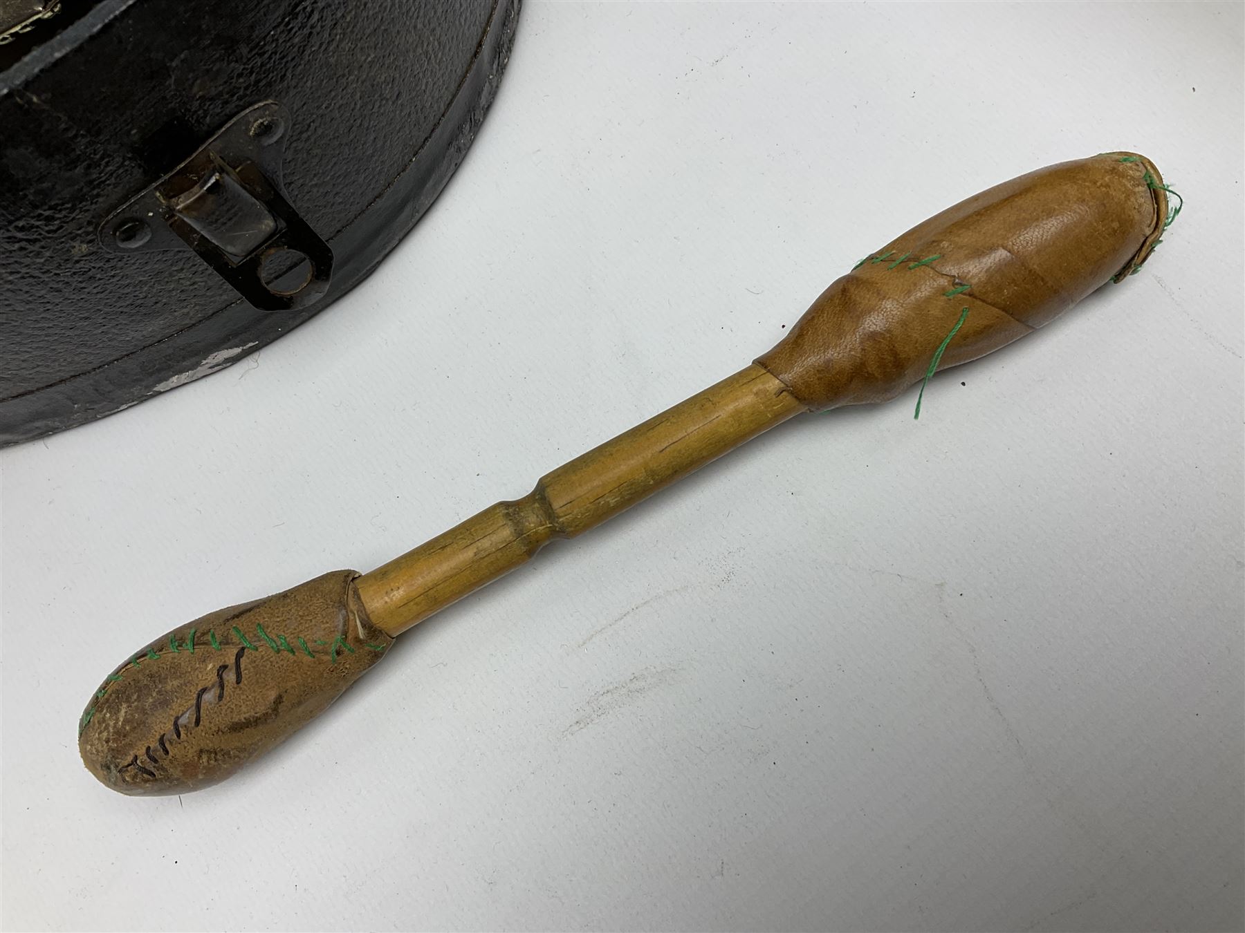 Dulcet eight-string banjo mandolin with mother-of-pearl inlaid ebonised fingerboard L55.5cm; cased; and Irish mahogany bodhran hand drum with inlaid stringing and vellum top D46.5cm; in soft carrying case with double ended beater (2)