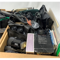 A collection of assorted cameras and accessories, to include examples by Praktica, Zenit,and Ilford examples, a Prisma tripod, cased binoculars, including examples by Prinz, various lenses, etc. 