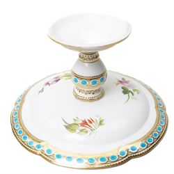 19th century tazza or compote, hand painted with flowers within gilt and turquoise borders, H16cm 