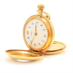 Early 20th century 18ct gold half hunter keyless lever fob watch by Asprey, white enamel dial with Arabic hour markers, the back case engraved with name stamped 18K with Helvetia hallmark, on 15ct gold pearl pendant