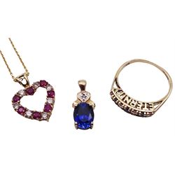 Gold cubic zirconia 'Eternity' ring, gold heart shaped stone set pendant necklace and a gold synthetic sapphire and diamond pendant, all 9ct