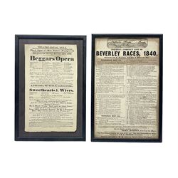 Two framed advertising posters, the first example titled 'Johnson's Correct List of Beverley Races, 1840', the second titled 'Theatre-Royal, Hull. third Night of Miss Paton's Engagement. this present Wednesday, December 29th, 1830, will be performed the celebrated Beggars' Opera', overall including frames H38.5cm W26cm