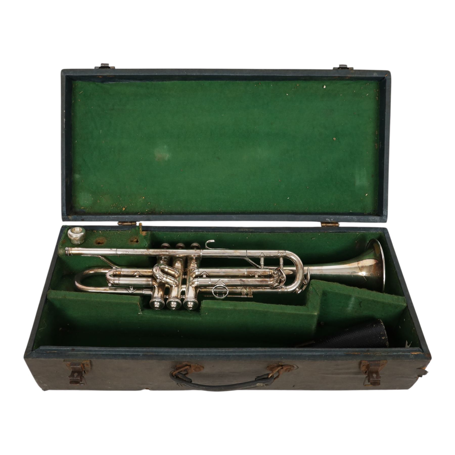 Early/mid 20th century silver plated trumpet by Keith Prowse & Co Ltd London, with Rudy Muck Cushion rim mouth piece, contained within a fitted case