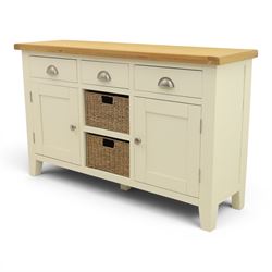 Contemporary white painted sideboard, oak veneered top above three drawers with metal cup handles, two central rattan drawers flanked by cupboards