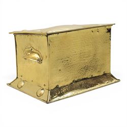 Art Nouveau brass coal box, the hinged rectangular cover embossed with a foliate design, hammered panelled sides with shaped carrying handles, on projecting plinth base with applied roundels