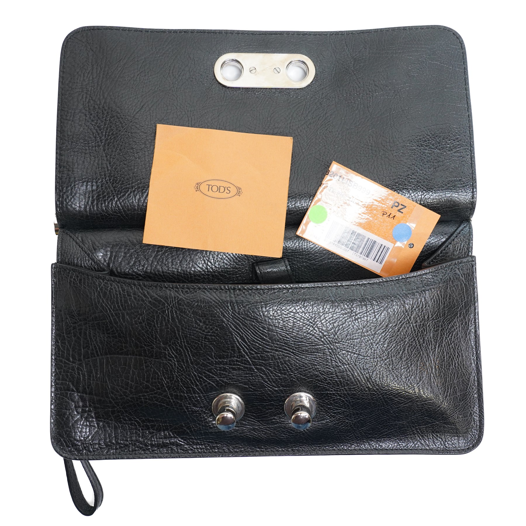 Tod’s - Fashion Pochette Piccola in Nero crinkled patent leather, the rectangular body with rolled-bar top, detachable wrist strap, flap front and silver-tone branded toggle fastening, with original product tag and dust bag