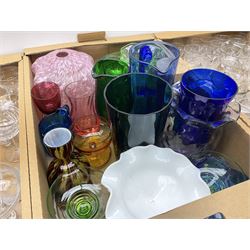 Collection of assorted coloured glassware and ceramics, including chrome barley-twist table lamp with mottled pink shade, Crested ware, Royal Worcester soup bowls and plate, pair of hand painted vases etc in four boxes