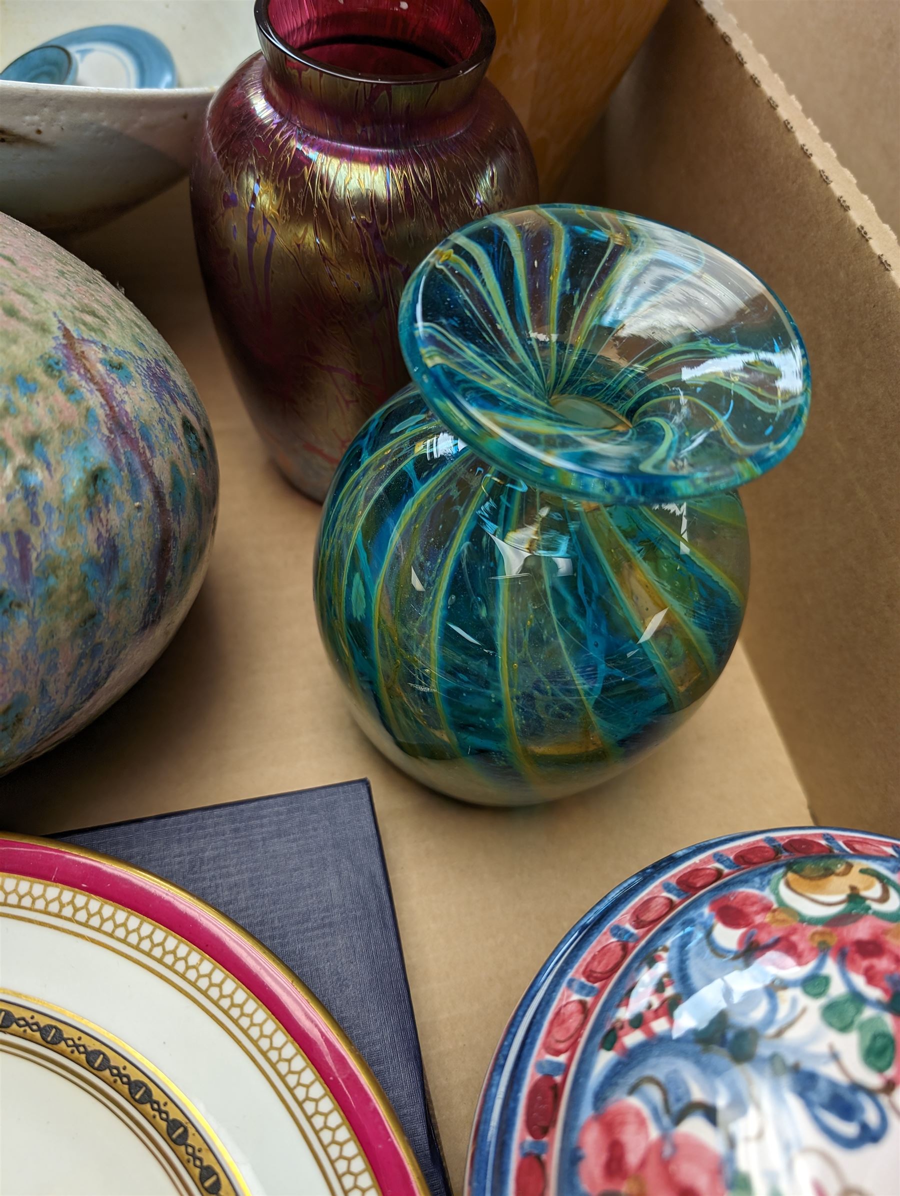 Poole pottery vase, Mdina glass vase and a collection of other glassware and ceramics, in two boxes 