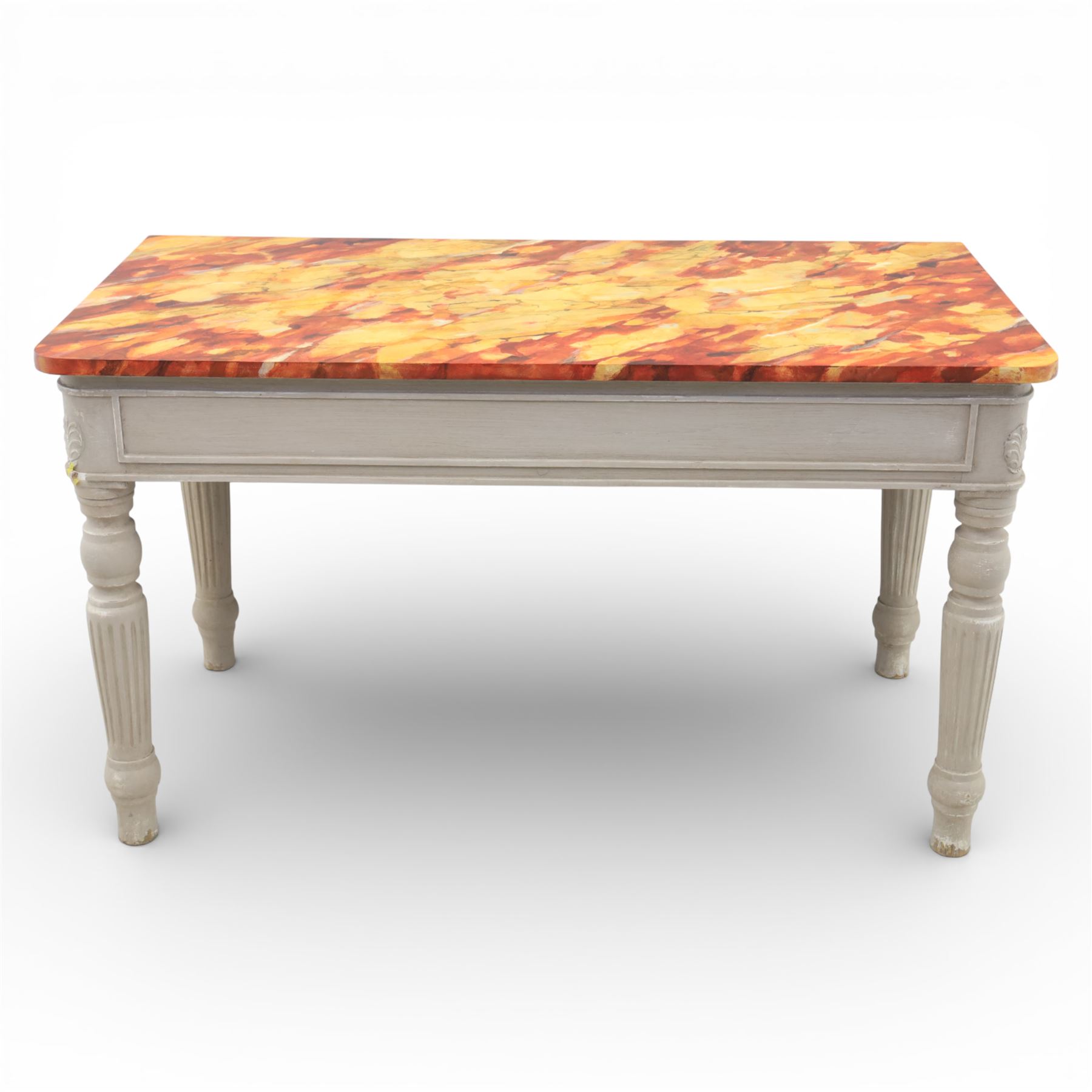 A pair of 19th century style pine console tables, with rectangular simulated marble top over a painted frieze, raised on fluted and turned tapering legs