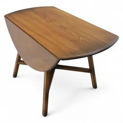 Ercol - dark elm drop leaf oval table, on square supports united by cross stretcher