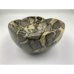 Polished septarian bowl, with a calcite and siderite within limestone rock, D16cm H8cm