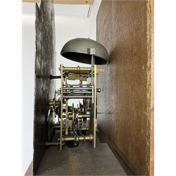 Thomas Wrangles -  early 19th-century oak longcase clock with a swans neck pendulum and three brass finials, glazed hood door flanked by two free standing pilasters, long trunk door with a break-arch top on a square plinth raised on bracket feet, painted dial inscribed T Wrangles Scarboro, dial pinned directly to a 30-hour chain driven count wheel movement striking the hours on a bell.
 With pendulum and weight. 