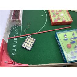 Subbuteo - three boxed sets comprising Football Express with two five-a-side teams and floodlighting; Continental with four teams and accessories; and International Edition Table Rugby with two teams; together with a Real Madrid 1974-75 League Champions pennant (4)