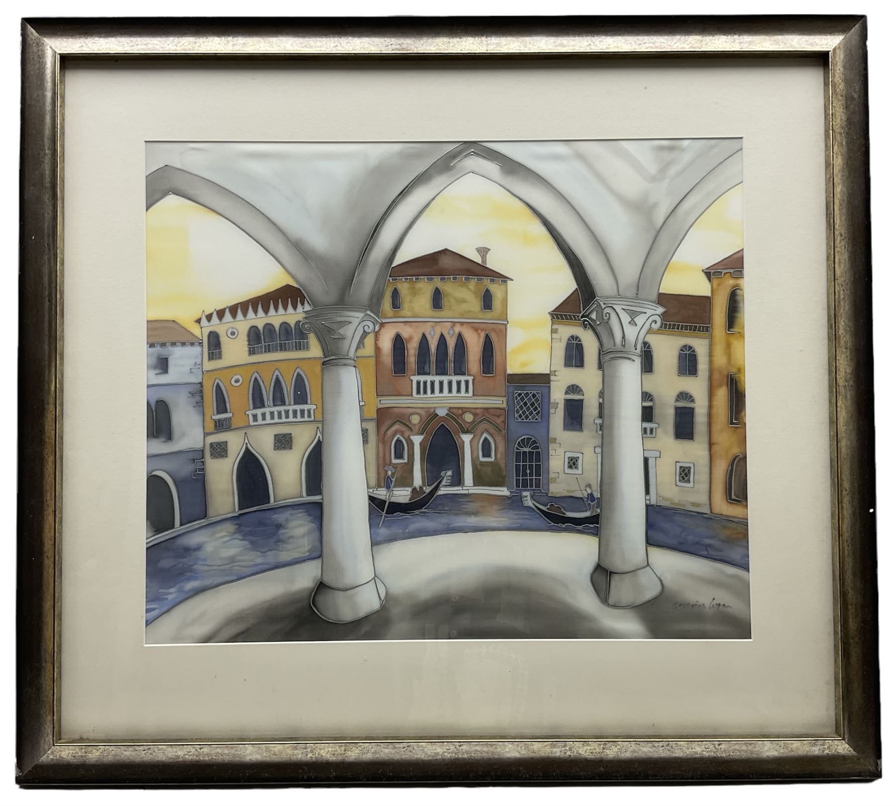 Georgina Logan (British 20th century): 'View from the Fish Market Venice, mixed media batik on silk signed, titled verso 51cm x 62cm